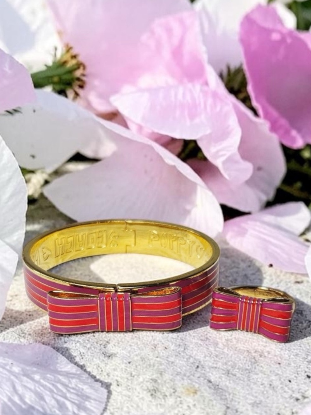 Coach Poppy candy striped bow purple pink bracelet and ring set